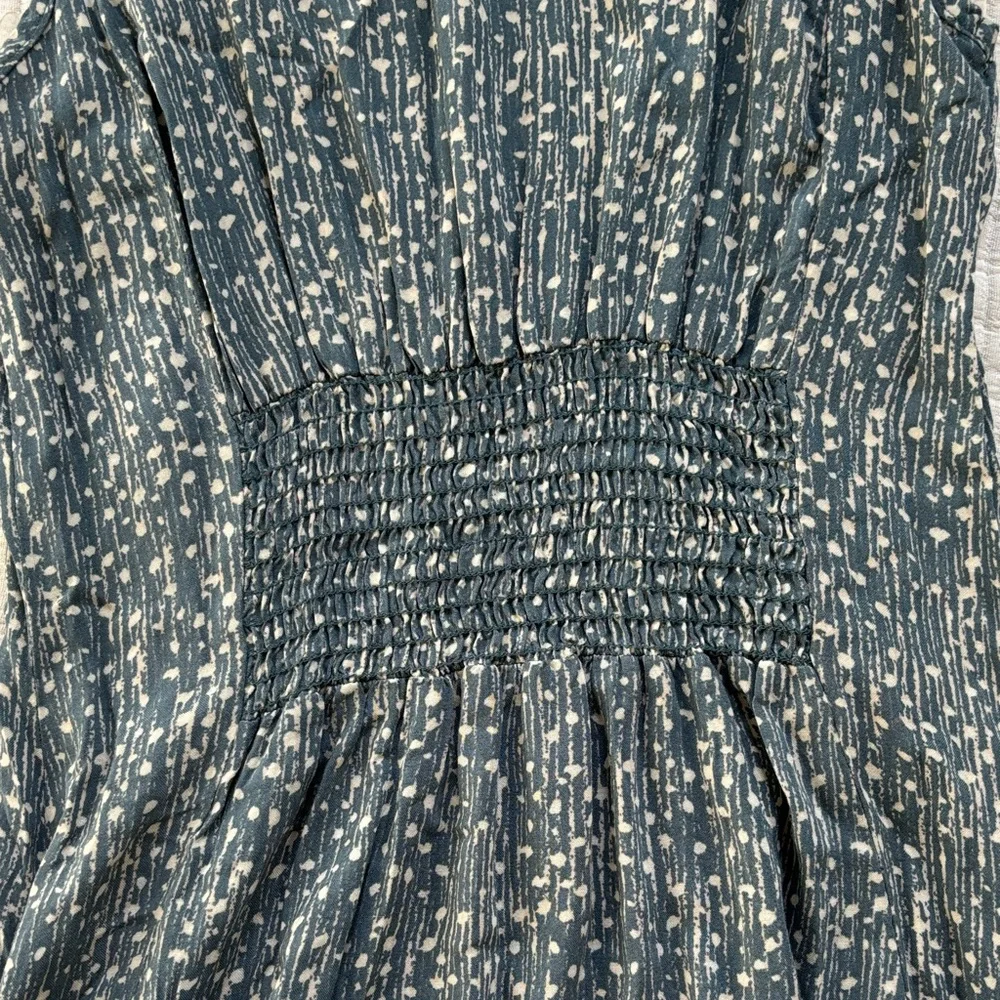 Mahina Women’s Summer Dress Dark Sage and Cream Spots, Slit in Front - Picture 7 of 8